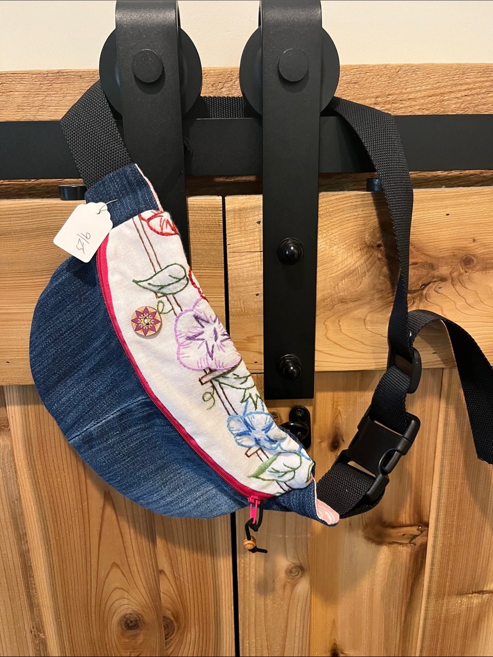 Handcrafted Floral Embroidered Denim Crossbody Belt Bag - Blue